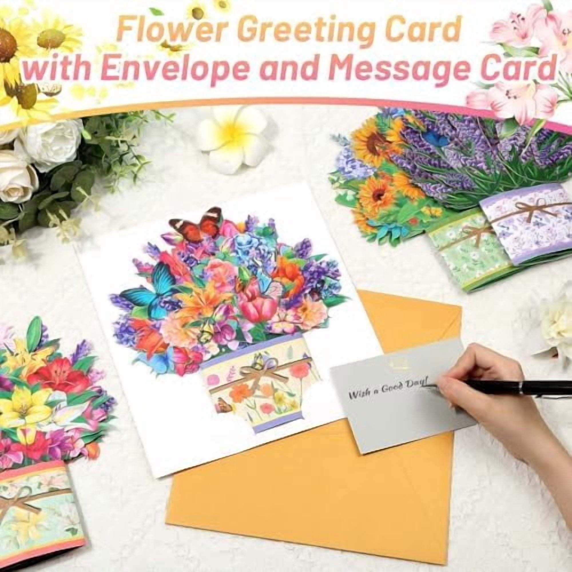 4Pack Paper Flower Pop Up Cards, Flower Bouquet Card Popup 3D Greeting Cards for Mother's Day, Graduation, Anniversary, Birthday, Congratulations, Get Well, Home Decor, with Envelope and Note