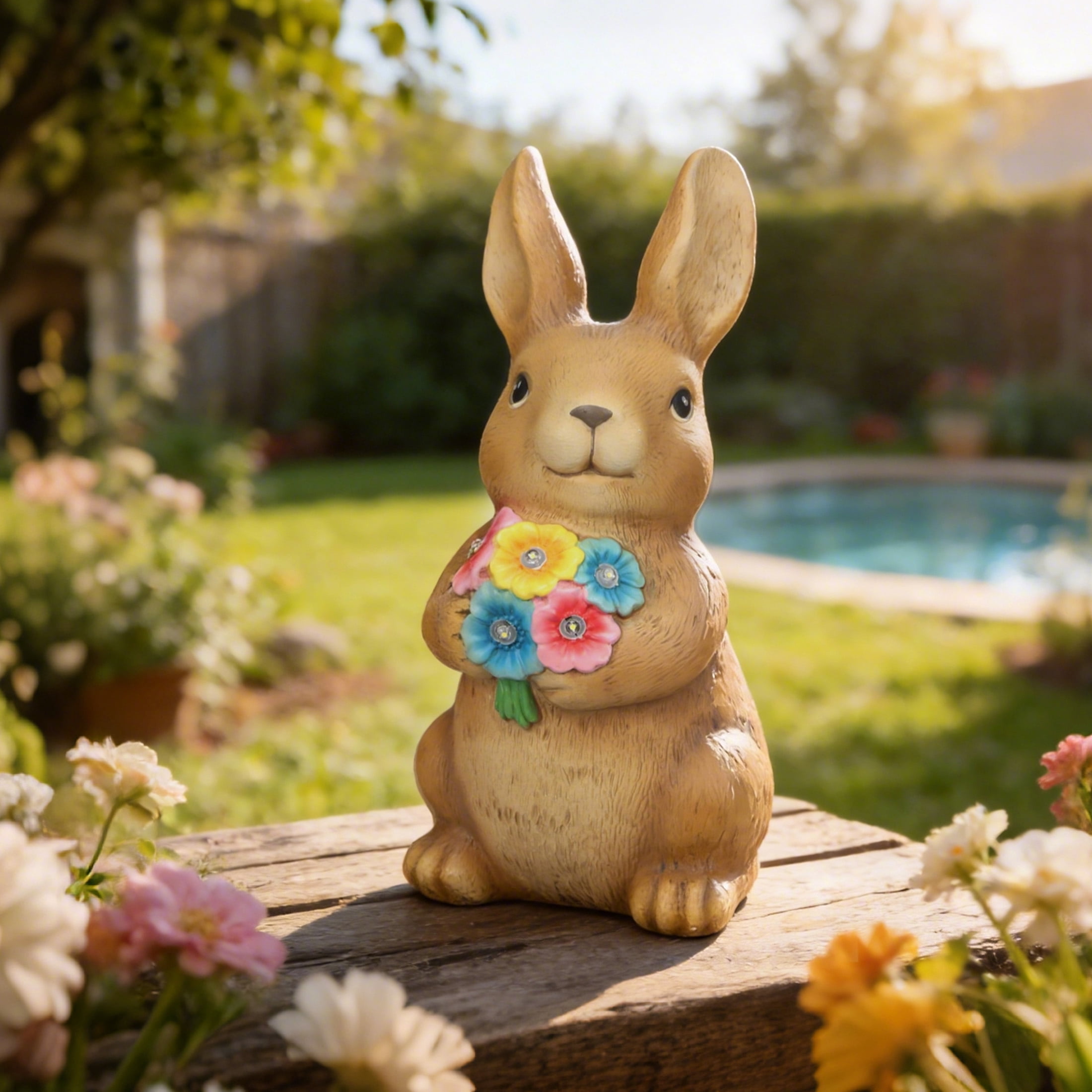 The Growing Ground Solar Bunny Garden Statue with LED Light, Outdoor Resin Rabbit Lawn Decor for Garden, Patio, Pathway, Brown