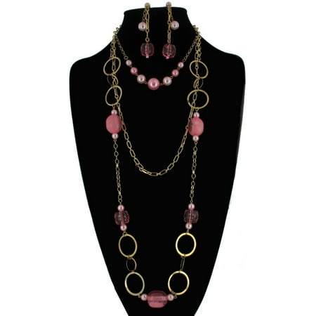 Chain Gold Tone Jewelry Set (Pink Beaded Statement Bib Layered Big Link Gold Tone Necklace and Drop Chain Earrings 2 Piece Jewelry)
