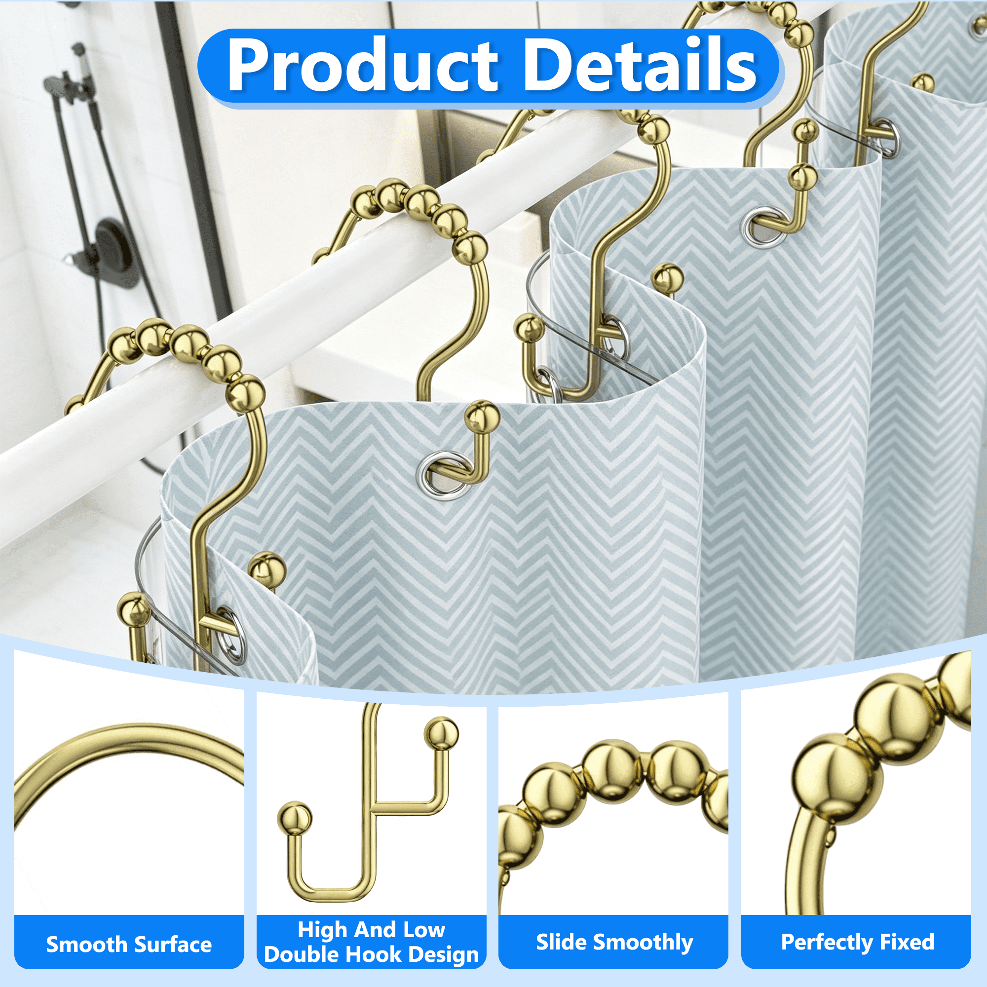 12 Pack Shower Curtain Hooks Rings, Double Shower Curtain Hooks, Roller Ball Metal Curtain Rings, Rust Proof Decorative Shower Curtain Hooks for Bathroom Curtain Rod