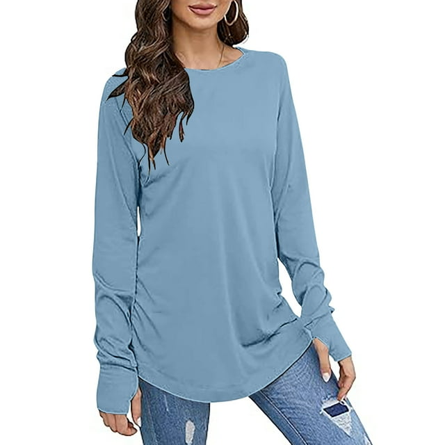 Besolor Tunique Automne Printemps pour Femmes Col Rond Manches Longues Chemises Décontractées Amples pour Sortir avec Trou pour le Pouce