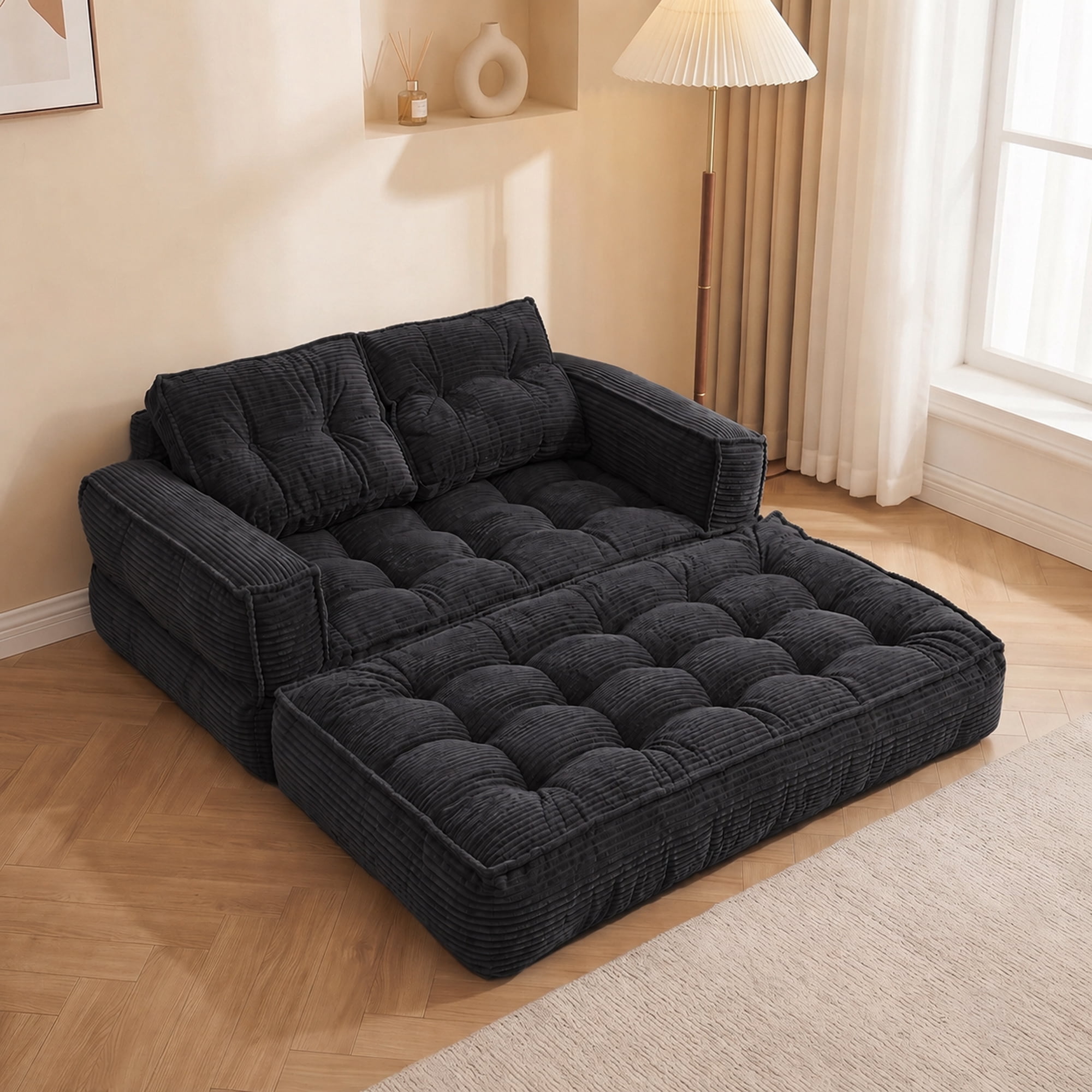 Leumius 2 Seater Modular Corduroy Sofa with Chaise Lounge,2-in-1 Boneless Convertible Floor Couch,Lazy Double Sofa with Armrest for Living Room Bedroom Apartment Game Guest Room,Black