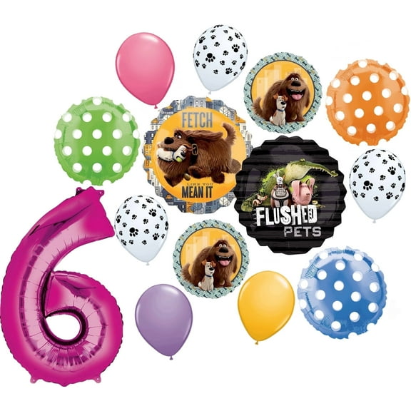Secret Life of Pets Party Supplies 6th Birthday Max and Duke Balloon Bouquet Decorations Pink Number 6