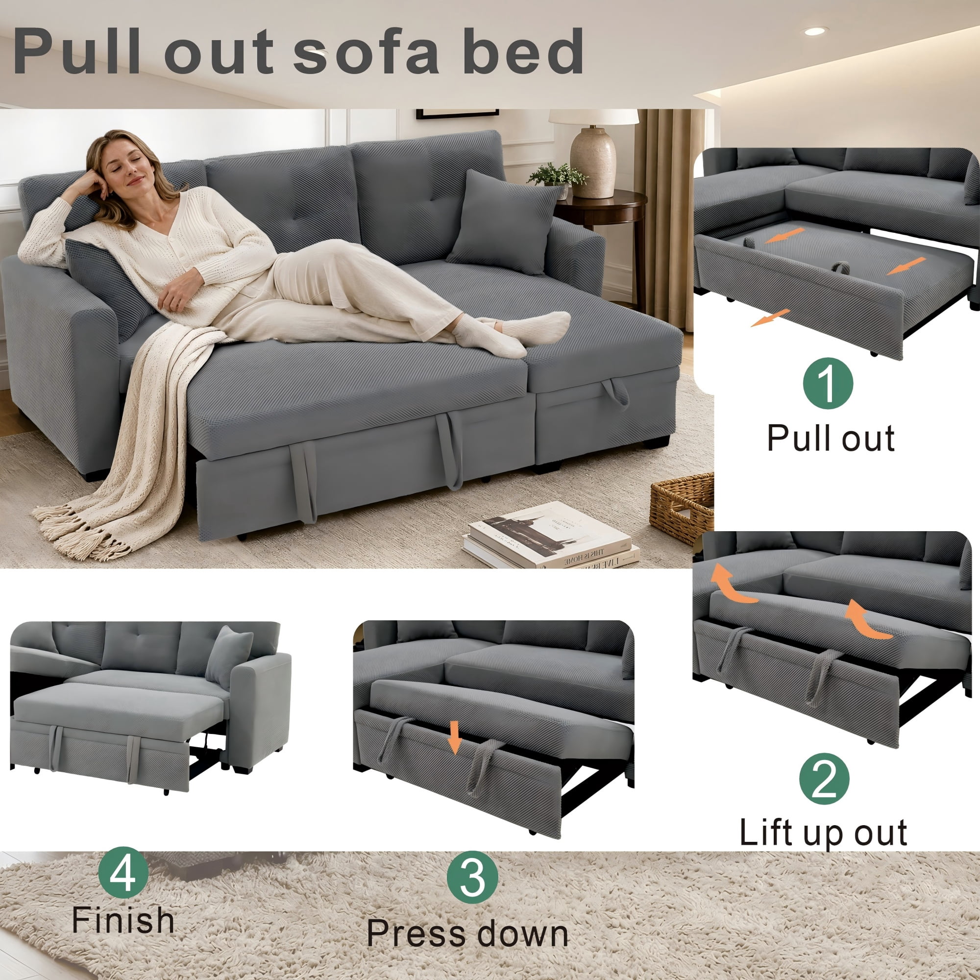 BSHTI 71"Foil Fabric L-Shaped Pull-Out Sleeper Sofa Bed with Reversible Chaise, Hidden Storage for Living Room（Light Gray）