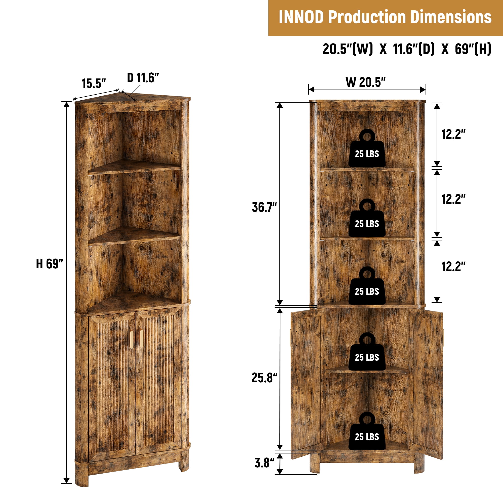 68" Tall Fluted Corner Cabinet for Bathroom, Modern Living Room & Kitchen - 5 Adjustable Shelves, Space-Saving Retro Storage, Curved Profile Design