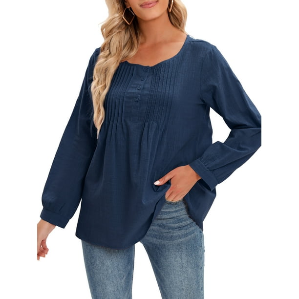 Casual Women Cotton Blouse O-Neck Long Sleeve Button Solid Loose Tee Shirt  Tops