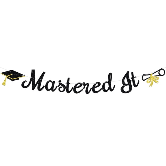 Mastered It Banner, Happy Master's Graduation Sign, Congrats Grad You Did It, Master's Degree Graduate Party Decorations Supplies, Black Glitter