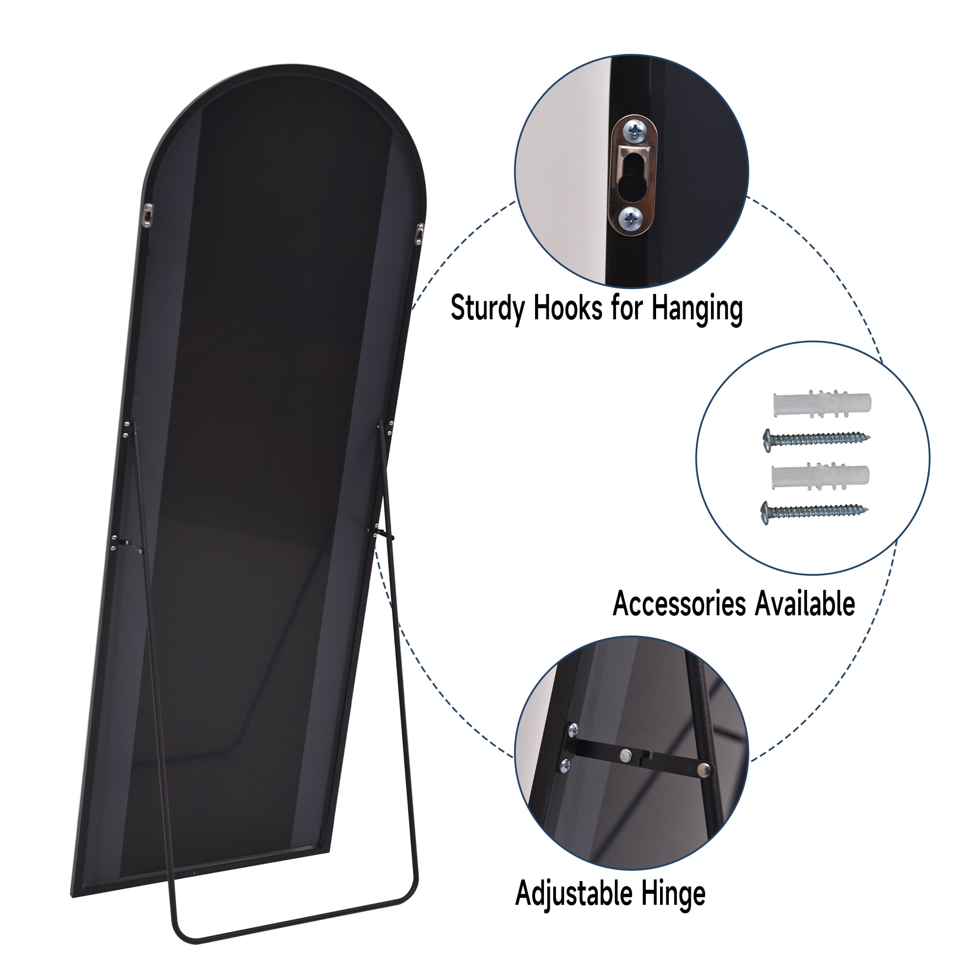Anyrose 24"x65" Full Length Mirror with Arch-Top Standing Mirror Wall Mounted, Black