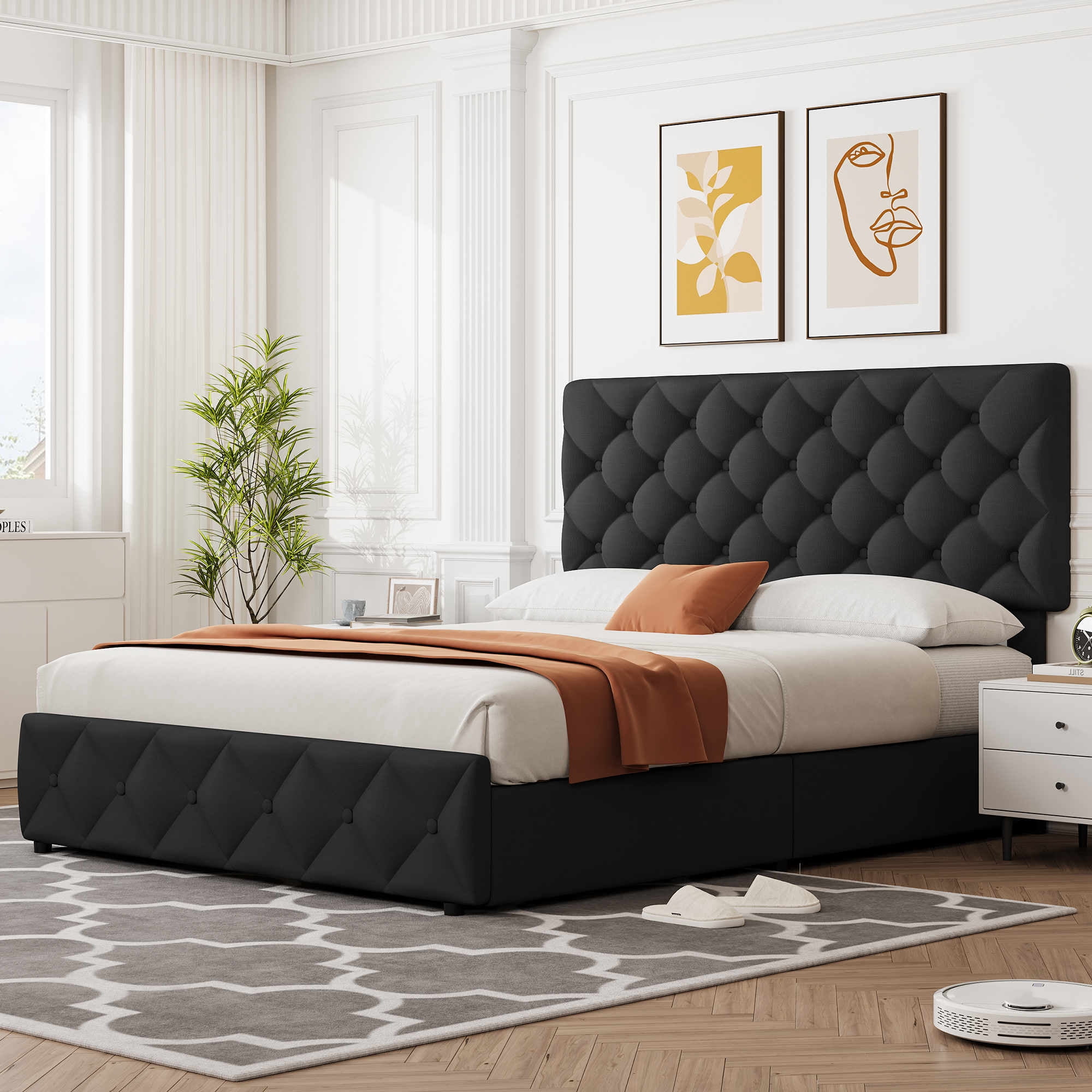 Full/Queen/King Size Bed Frame with 4 Storage Drawers and Headboard, Linen Upholstered Platform Bed Frame, Diamond Stitched Button Tufted, No Box Spring Needed, Easy Assembly