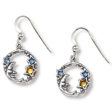 PalmBeach Jewelry 6106_ Round Crystal Sterling Silver Antique-Finish Moon and Stars Drop Earrings