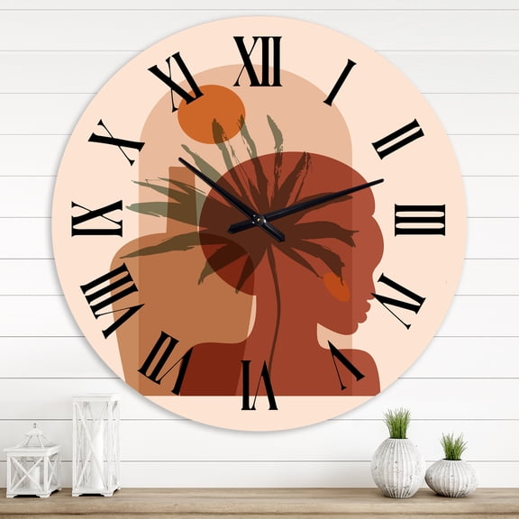 Designart 'Abstract Tropical Palm Leaf & Pretty Girl Portrait' Modern Wall Clock