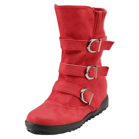 

Juebong Women Suede Round Toe Zipper Flat Pure Color Buckle Strap Keep Warm Snow Boots Red Size 8.5