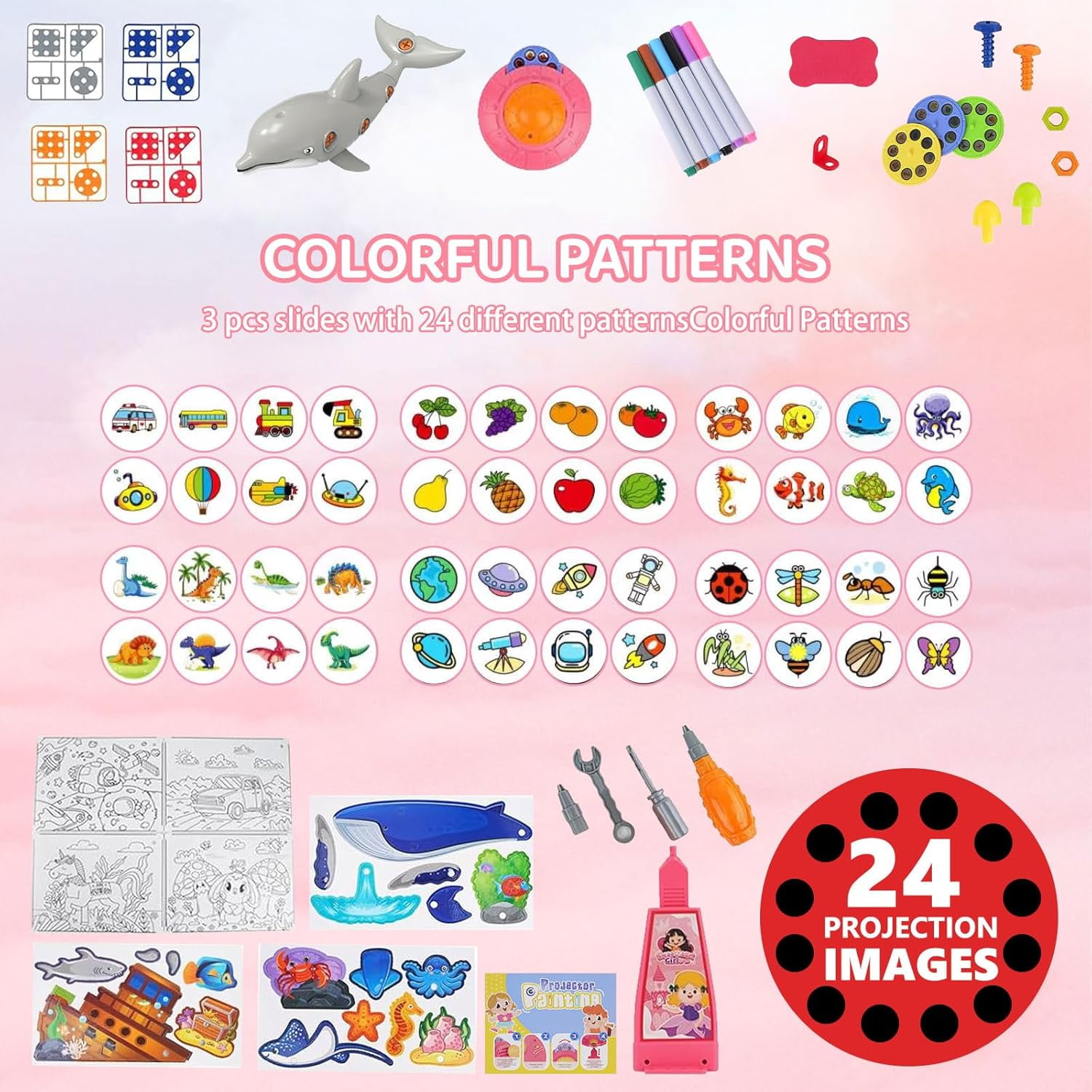 AYAMAYA Drawing Projector for Kids, Art Sketch Projector with 48 Pattern, 6 Color Pens, 4 Doodle Board, Puzzle Cards for Drawing & Tracing, Pinkcing