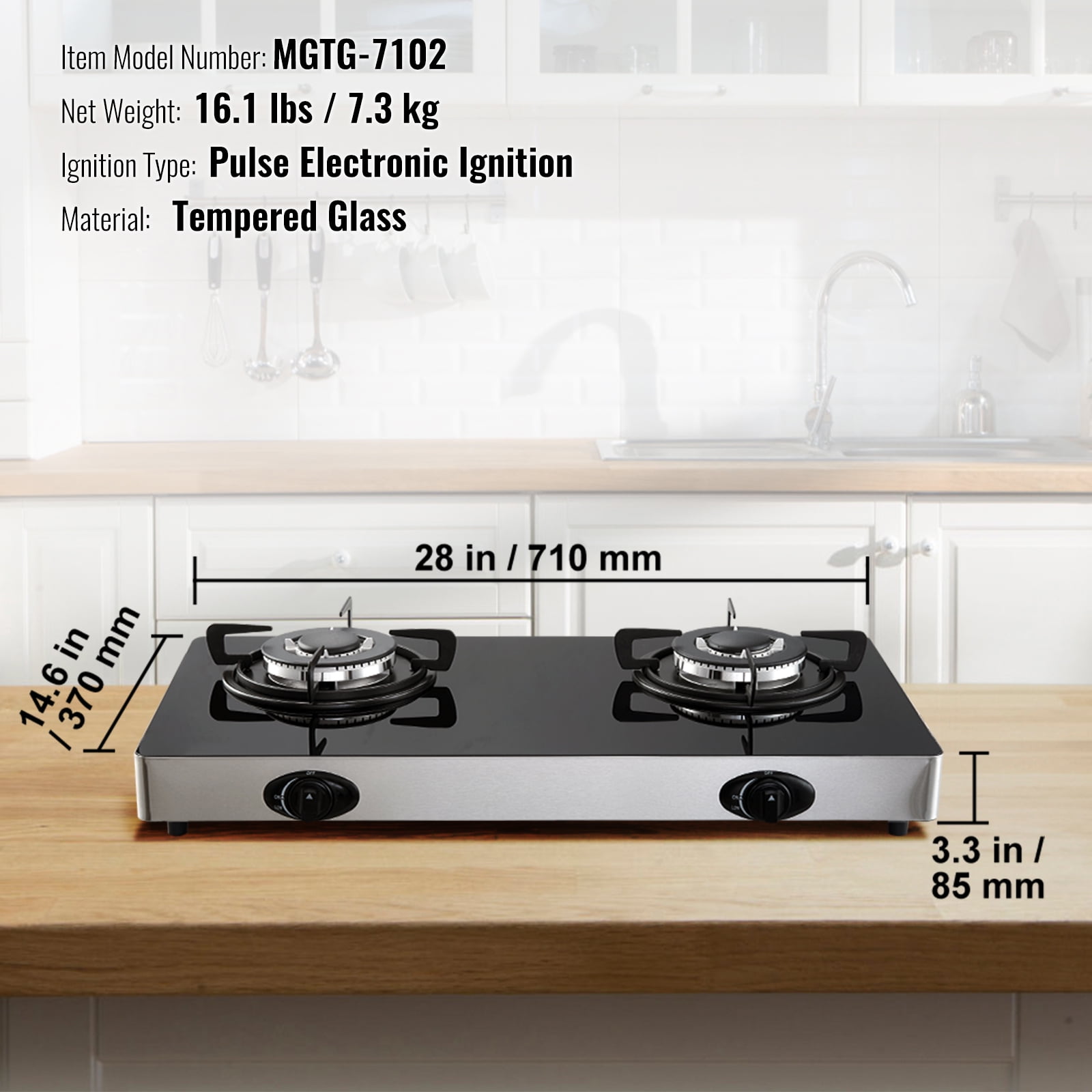 BENTISM Gas Cooktop Tempered Glass Countertop Cooktop 28" Max 10100BTU 2 Burners