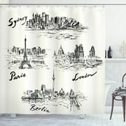 Ambesonne Urban Shower Curtain, World's Famous Cities, 69"Wx70"L, Cream Black