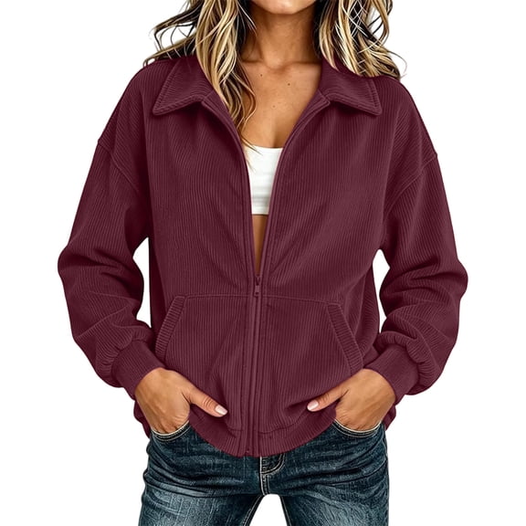 BUIGTTKLOP Corduroy Jackets for Women Full Zip up Long Sleeve Shirts Collared Casual Jackets Winter Clothes