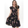 thumbnail image 2 of Black Fuchsia 1x-2x Plus Size Women's Short Puff Sleeve Midi Floral Cocktail Flare Tea Party, Formal and Casual Dresses, 2 of 5