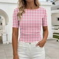 thumbnail image 2 of Htigea Plaid T-Shirts for Women Slim Short Sleeve Boat Neck Tops Cute Tees Y2K Trendy Side Ruched Summer Shirt Pink L, 2 of 7
