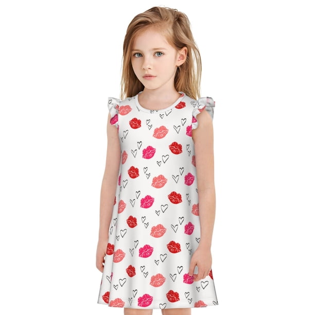 Balery Red Lips 1 Camisón de princesa para niñas, pijama de algodón con mangas abullonadas, suave y bonito.-Small