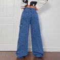 thumbnail image 5 of LWavelet Womens Tie Detail Cargo Wide Leg Jeans Multi Pocket High Waisted Daily Casual Denim Pants Blue L, 5 of 6