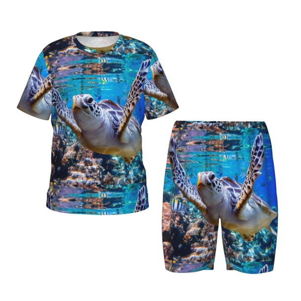 Fotbe Sea Turtle Swims Pijama Estampada de 2 Piezas para Niños – Ropa de Dormir de Manga Corta Cómoda para Niños y Niñas, Camiseta y Shorts de Algodón-3X-Large