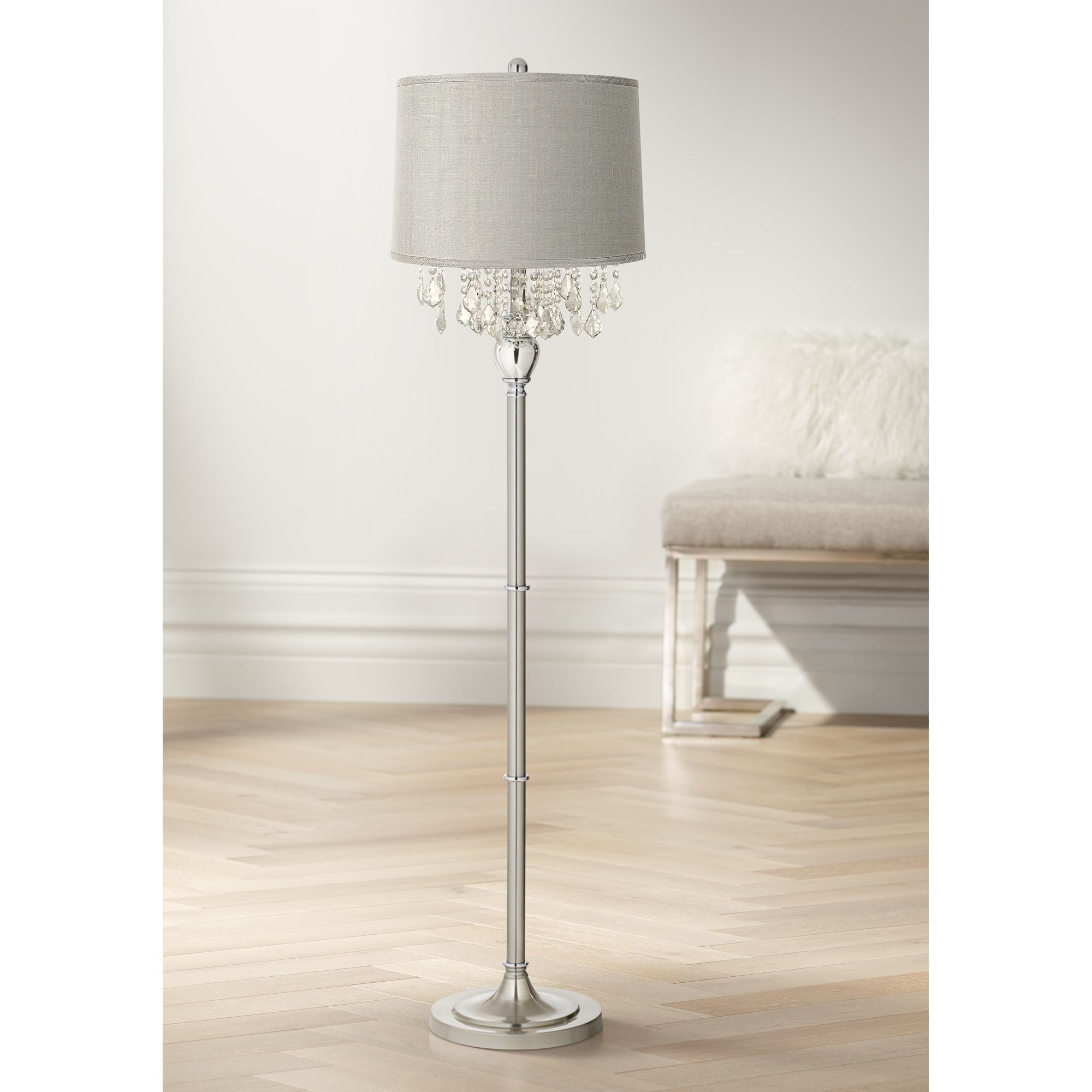 Springcrest Platinum Gray Dupioni Medium Lamp Shade 15" Top x 16" Bottom x 11" High (Spider) Replacement with Harp and Finial