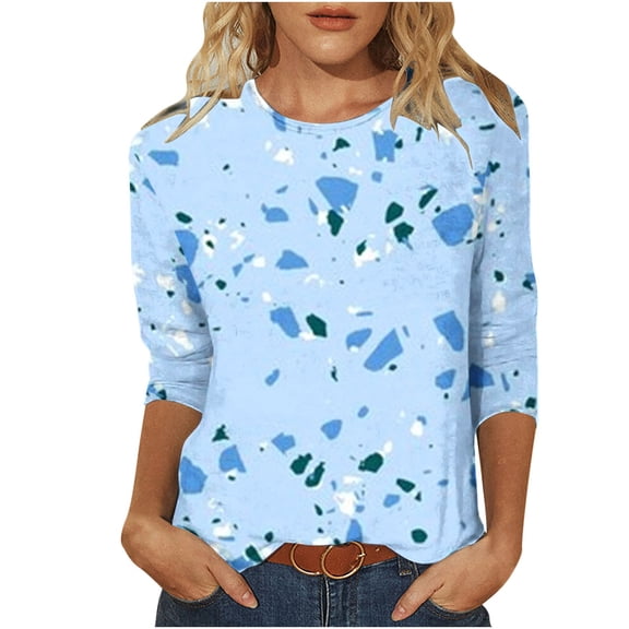 VALMASS Womens 3/4 Sleeve Shirts Casual Printed Round Neck T-Shirts Loose Blouses Lightweight Tee Tops (S, Light Blue)