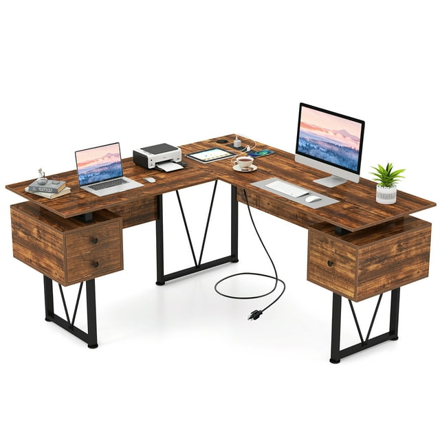 Gymax 59'' L-shaped Computer Desk w/ Charging Station Corner Desk Sturdy Metal Frame