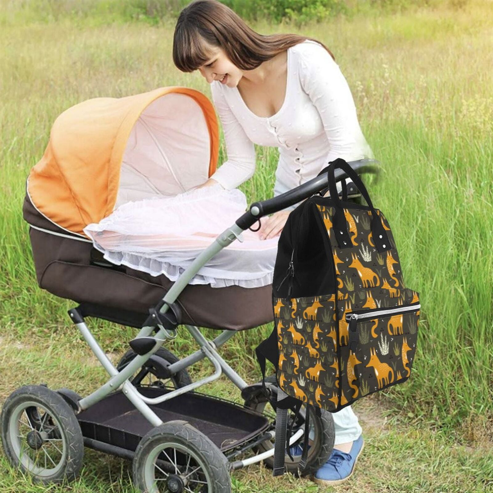 Ratiio Funny Fox by the Field Mummy Backpack - Waterproof Twill Canvas, Large Capacity Diaper Bag with Multiple Pockets and Adjustable Straps