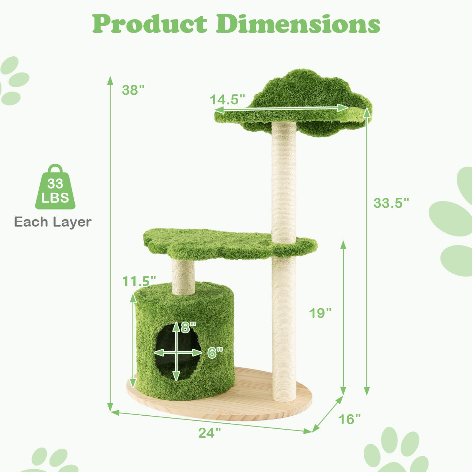 Amijoy Wooden Cat Tree, 38" Tall Cat Climbing Stand w/ Sisal Scratching Posts, Cat Condo, Top Perch, Solid Wood Base