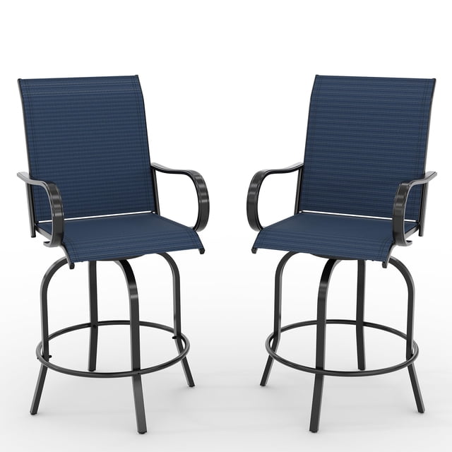 Outdoor Swivel Bar Stools Set of 2, Bar Height Patio Chairs with High Back & Armrest, All-Weather Textilene Fabric