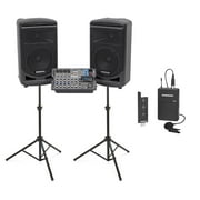 Samson Expedition XP800 800 Watt 8" PA DJ Speakers+Mixer+Lavalier Mic+Stands