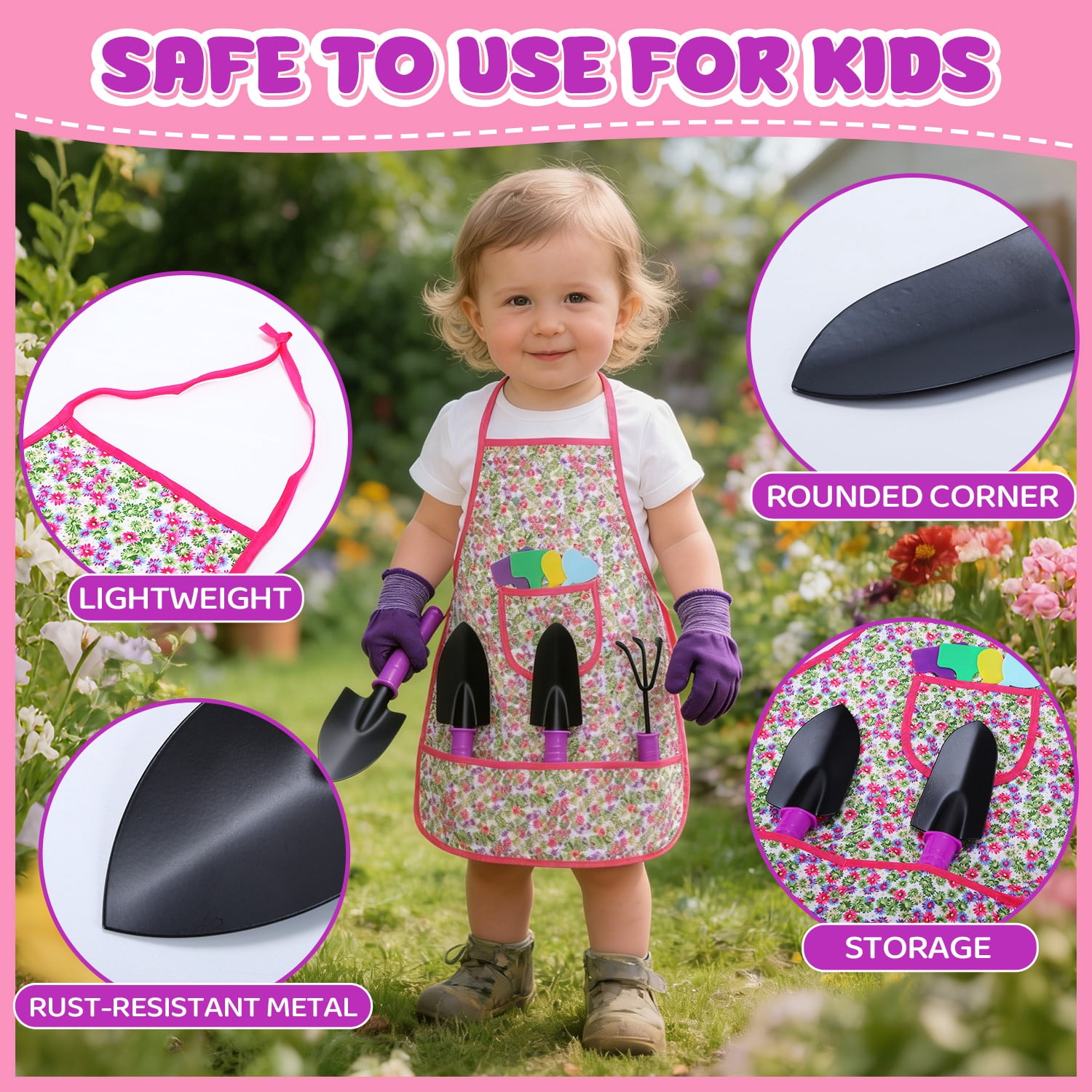 JoyStone 16PCS Kids Gardening Tool Set with Floral Apron & Tote Bag, Watering Can, Gloves, Shovel & Rake, Outdoor Yard Gift for Toddlers Ages 3+