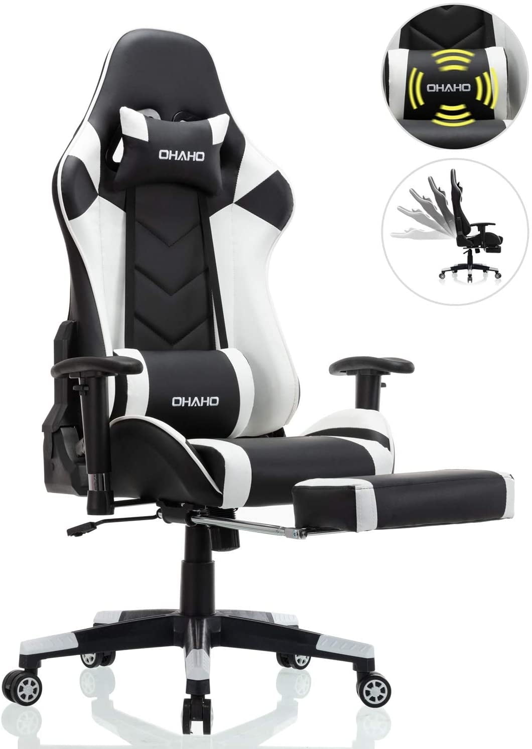 Ohaho Gaming Chair Racing Style Office Chair Adjustable Massage Lumbar Cushion Swivel Rocker Recliner Leather High Back Ergonomic Computer Desk Chair With Retractable Arms And Footrest Black White Walmart Com Walmart Com