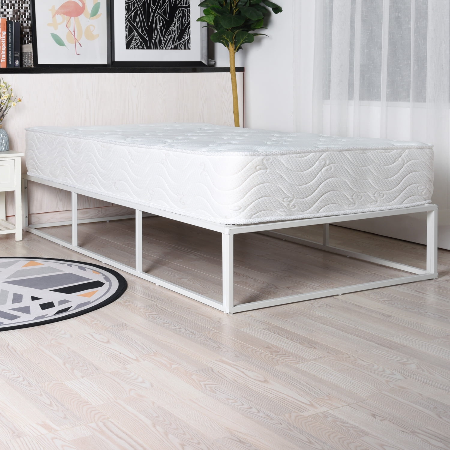 Private Jungle Twin Bed Frame White 12"H Steel Platform Metal Bed Frame with Storage,Heavy Duty Steel Slat and Anti-Slip Support(No Box Spring Needed),White