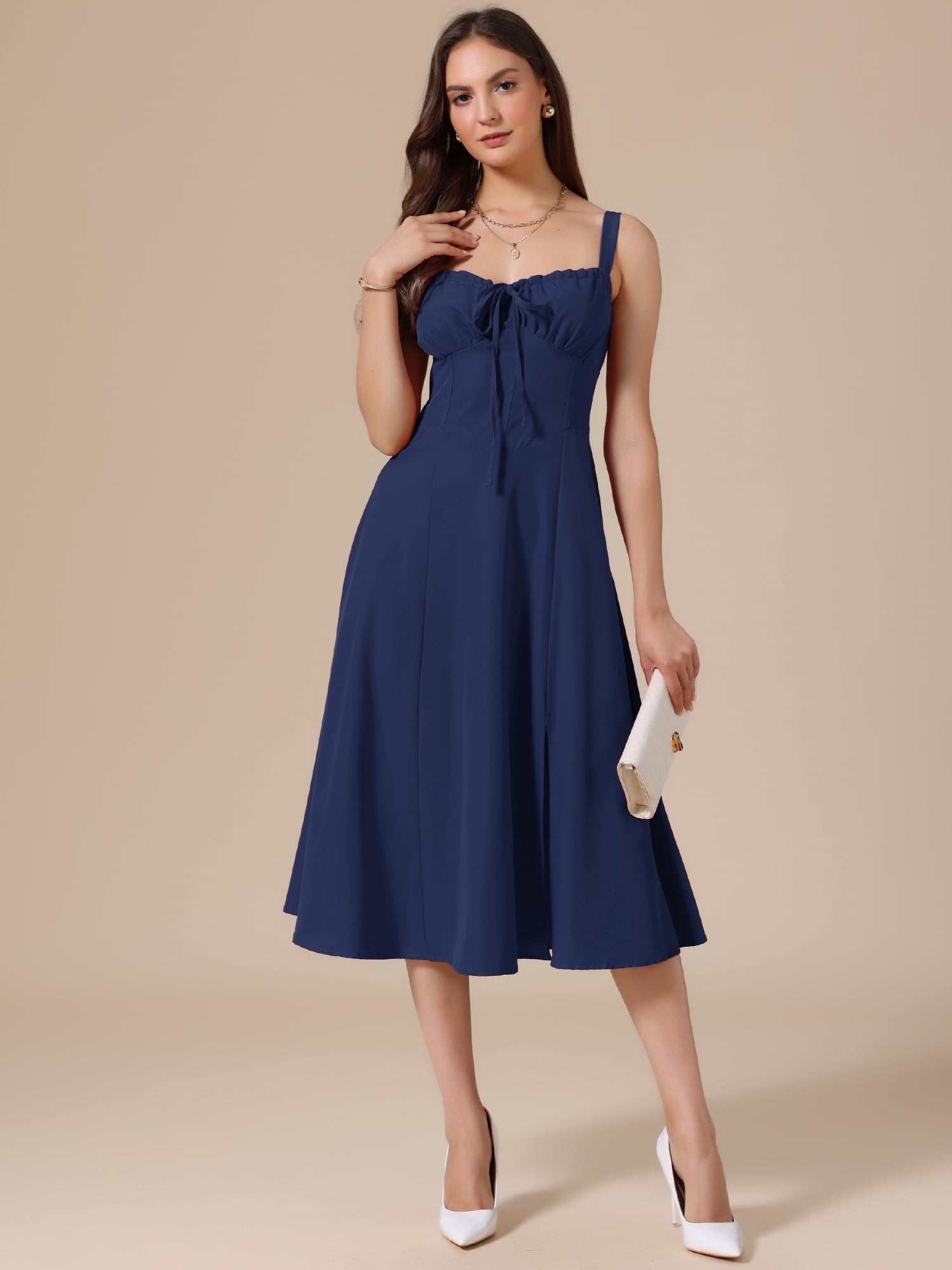 DARING DIVA Women's Spaghetti Strap Sweetheart Neck Side Slit A Line Dresses S Dark Blue