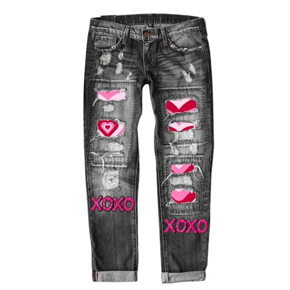 Women's Jeans Valentines Heart Printed Ripped Straight Leg Mid Rise Denim Festive Pattern Plus Size Women Jeans