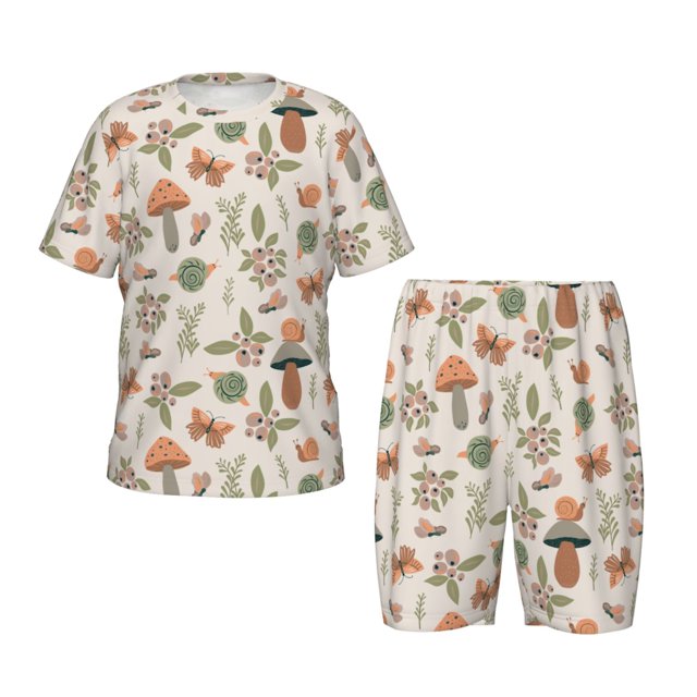 Balery Forest Mushrooms Insects Conjunto de Pijama Infantil de Manga Corta con Estampado – Ropa de Dormir de Algodón Suave-Small