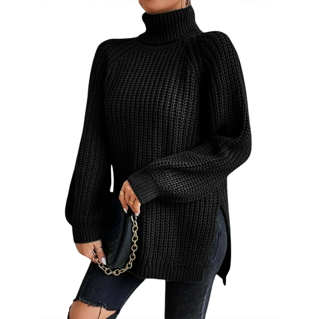 EYIIYE Chandail d'Automne Hiver pour Femmes à Manches Longues Col Roulé Tricoté chandail Couleur Unie Ourlet Fendu Long Tricoté Ample Décontracté Confortable