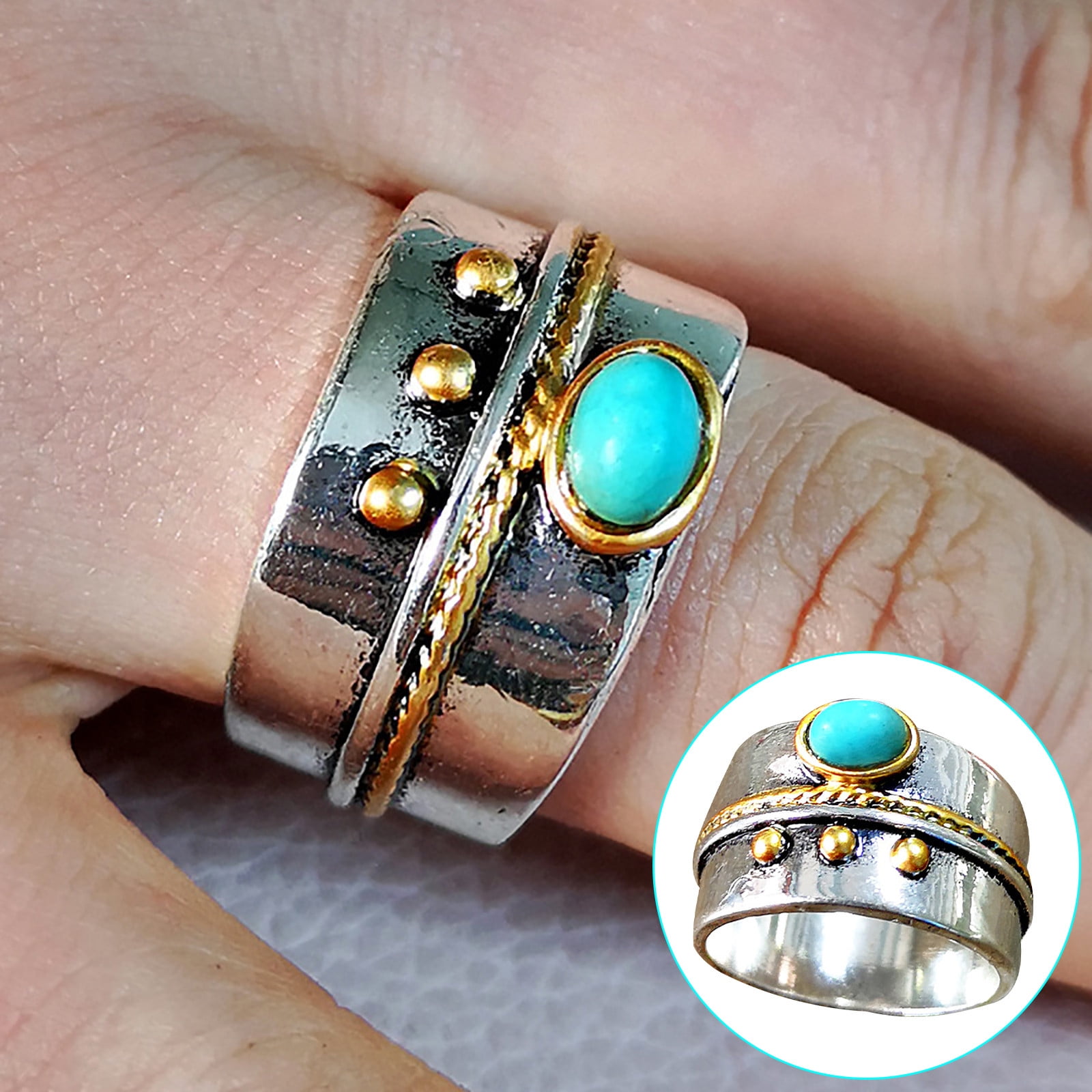 Retro 925 Silver Ring for Women Turquoise Rings Handmade Carved Jewelry SZ 6-10 