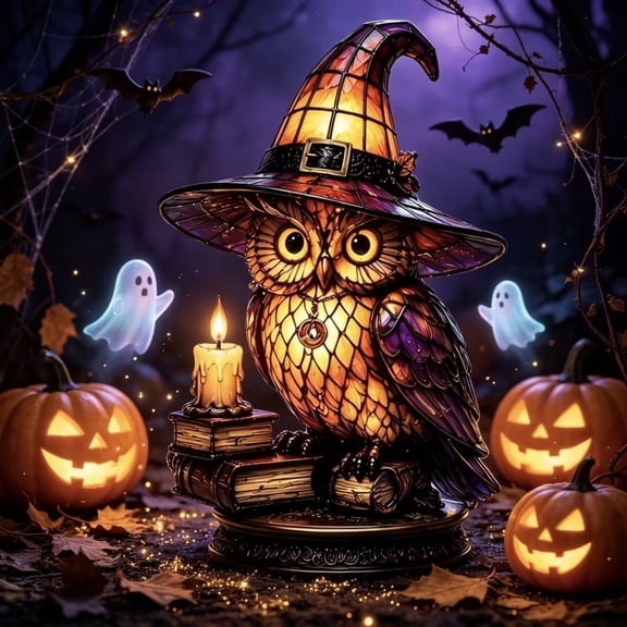 Halloween Stained Glass Magical Wizard Owl Night Light Decor, Vintage Owl with Witch Hat Lamp Exquisite Warm Light Desktop Decoration for Home Table Office Room Shelf Mantel Party Gift