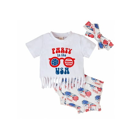 

Qtinghua Independence Day Baby Girls Clothes Cow Head/Glasses Print Tassel Hem T-Shirt Flag Star Stripe Print Shorts Headband 3Pcs Set White Glasses 12-18 Months