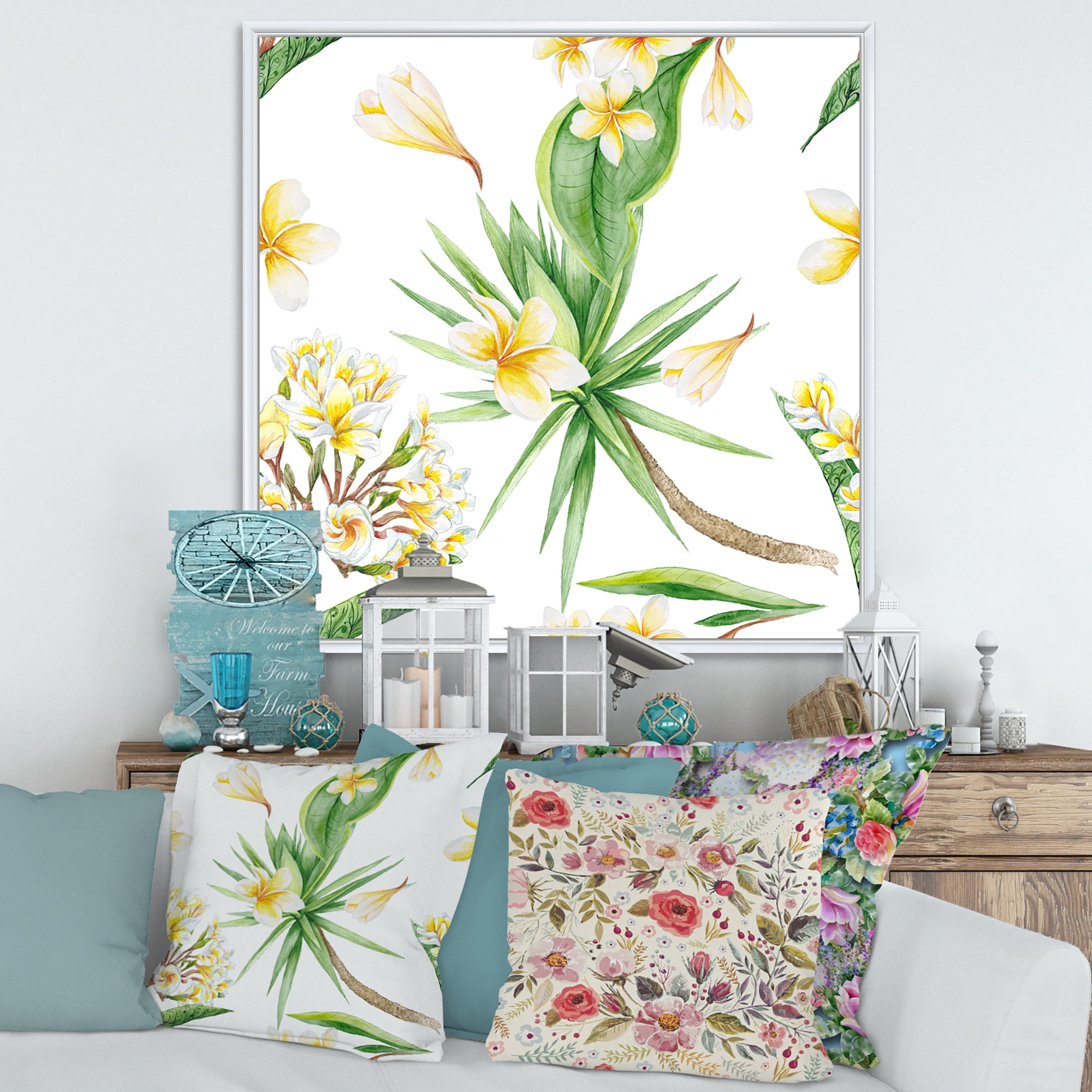 Designart 'Yellow Flowers and Tropical Foliage V' Modern Framed Canvas Wall Art Print