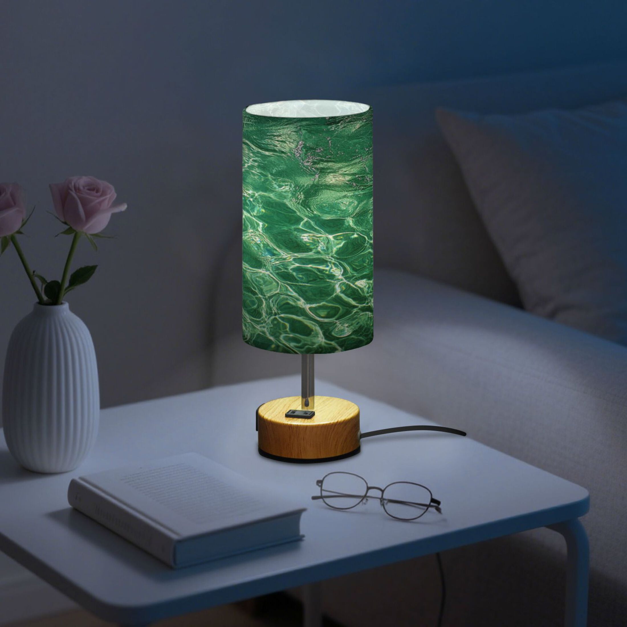 Touch-Control 3-Color Desk Lamp with Plug – Energy-Saving LED + 3 Simultaneous Charging Ports Green Water Ripples