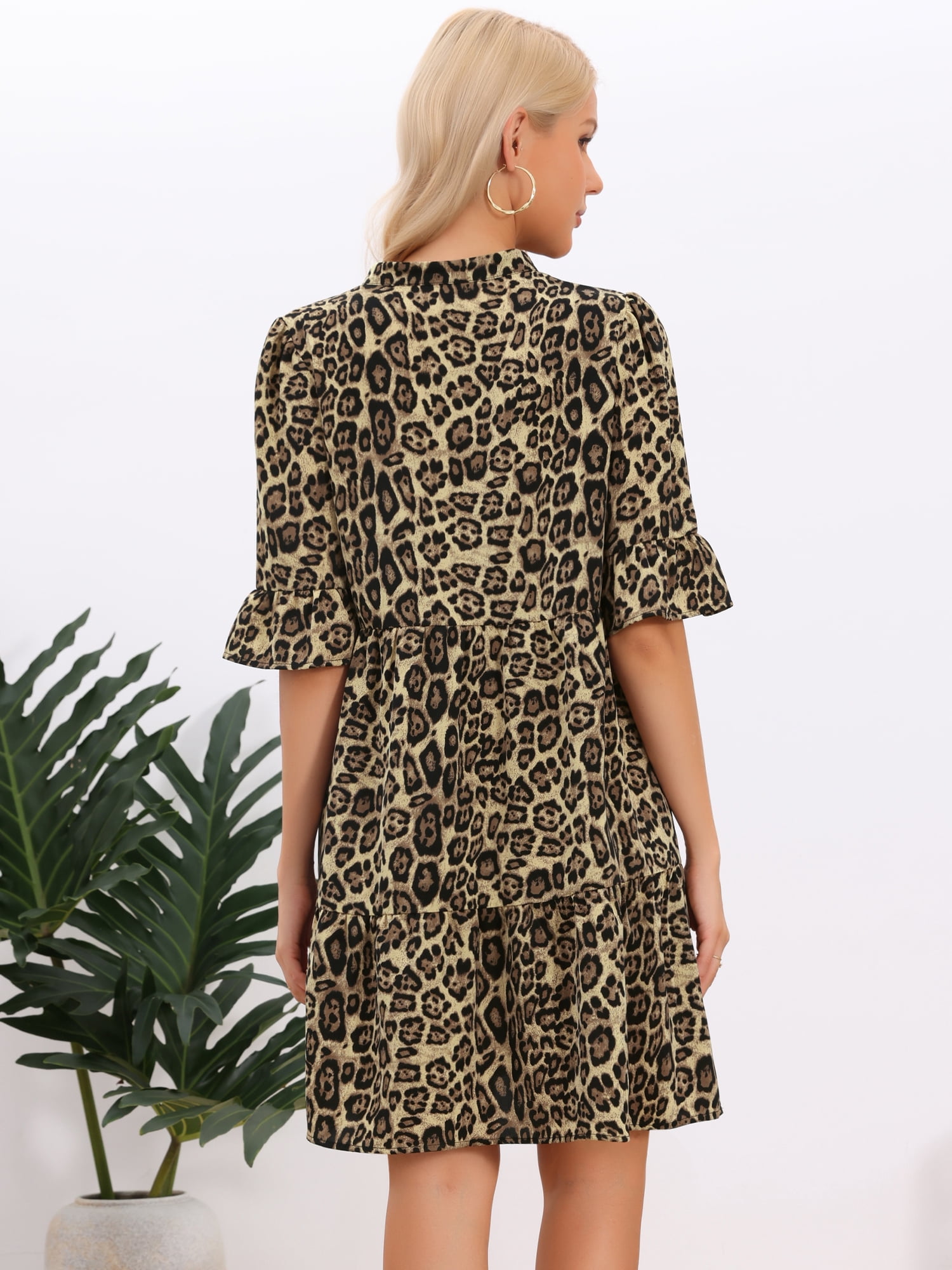 DARING DIVA Women's Leopard Print Bell Sleeve Ruffle Hem Tunic V-Neck Dresses M Brown