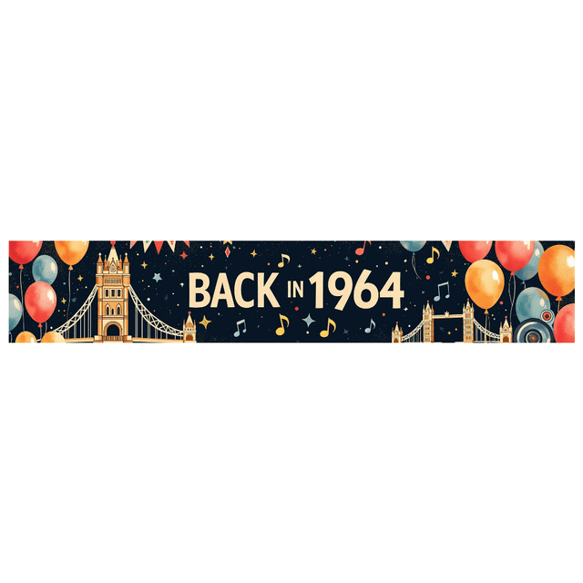 Vintage Themed Backdrop Banner with 1964 Design Balloons Music Notes and London Bridge Element Party Decorations for Retro Events Anniversary Celebrations Photography Props