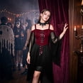 thumbnail image 6 of Witch Renaissance Costume Dress, Off Shoulder Gothic Witch High Low Dress, Flared Bell Sleeve Lace Up Renaissance Medieval Costume Dress for Halloween Cosplay Party, Deep Red L, 6 of 7