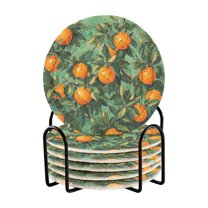 Yayeee 6 PCS Drink Coasters with Holder Set Woven Absorbent Round Tabletop Hot Pad, Orange Tree Pattern