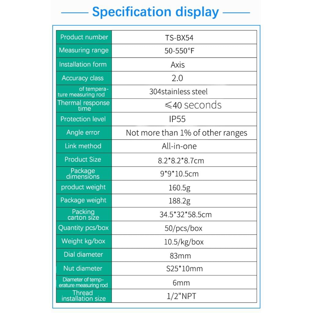 Round Dials Temperature Test Meter Stainless Steel 50-550℉ Oven Thermometers 1/2NPT Thread Mount Temp Gauge for Grill