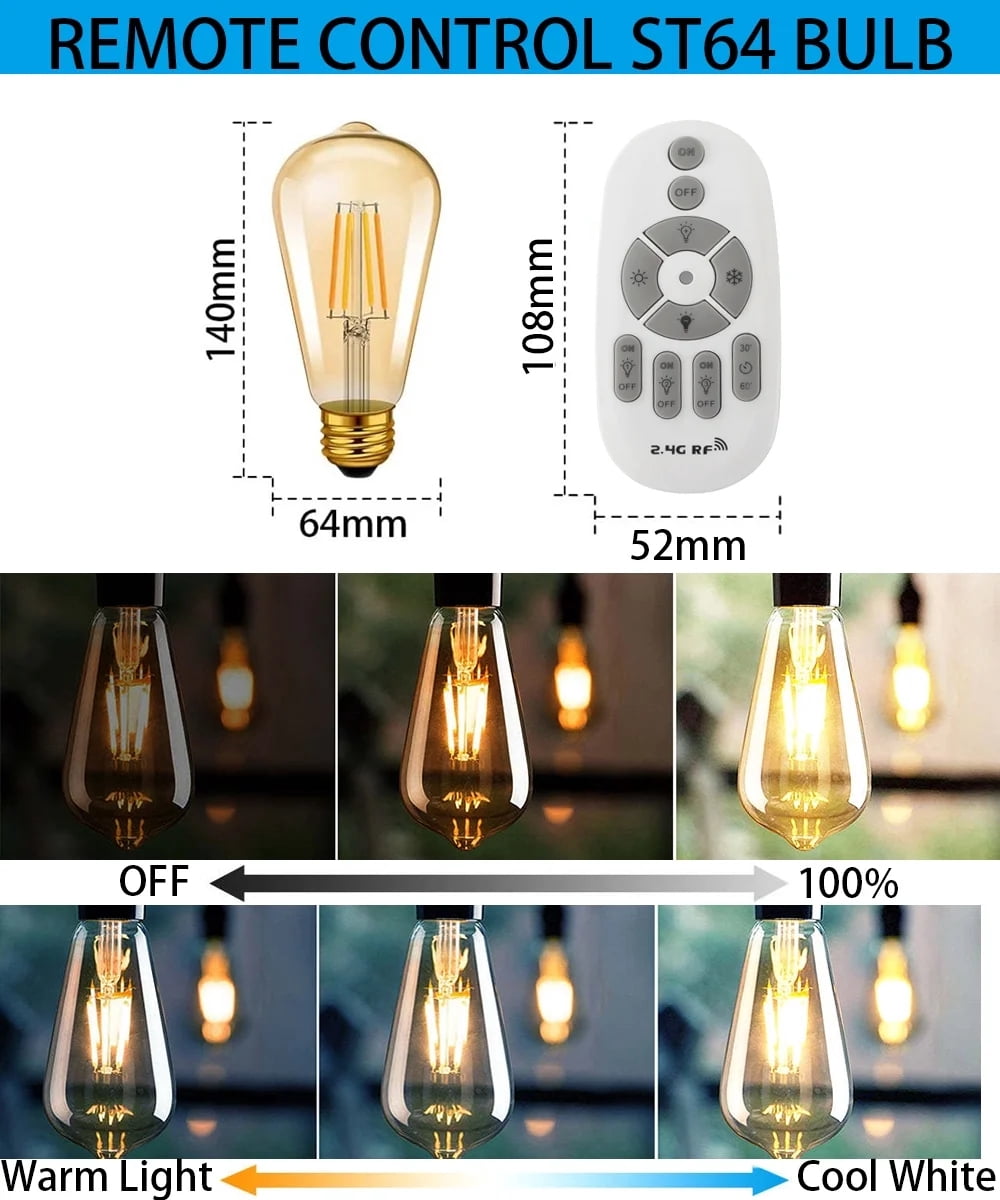 Remote Control Smart LED Edison ST64 4W(40W Equivalent) Light Bulbs E26 Standard Base Dimmable & Adjustable Color Temperature (2200K-6500K) for Holiday Christmas Indoor Party 110V - Set of 2